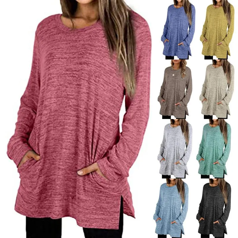 Round neck long sleeve pocket loose mid-length split sweater