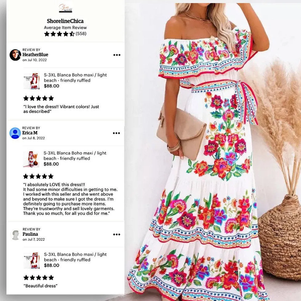 S - 3XL Boho Blanco or Black Bamba MAXI dress resort floral print or ombré form flattering cruise quince destination beach airy photography