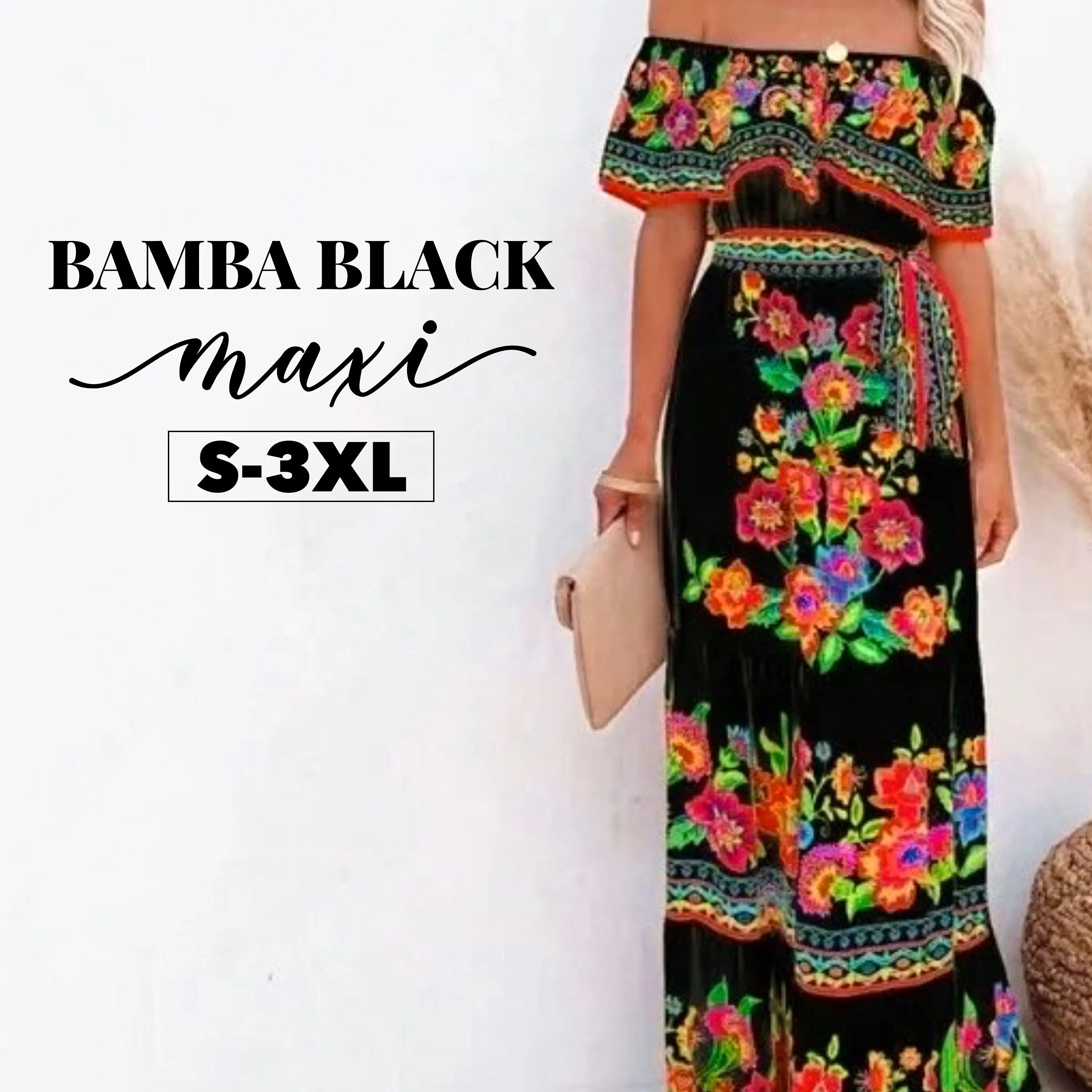 S - 3XL Boho Blanco or Black Bamba MAXI dress resort floral print or ombré form flattering cruise quince destination beach airy photography