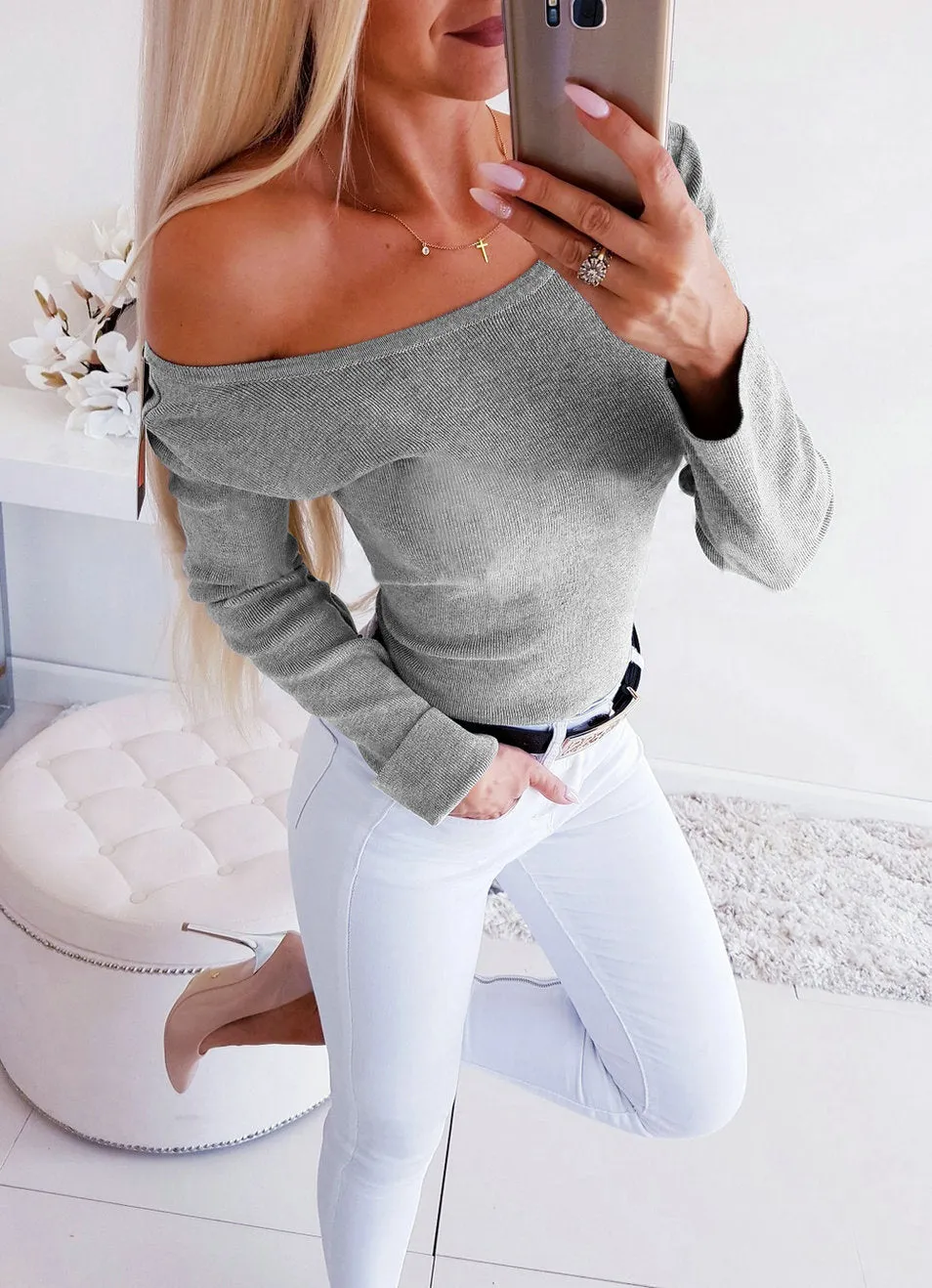 Sexy waist round neck solid color long sleeve top