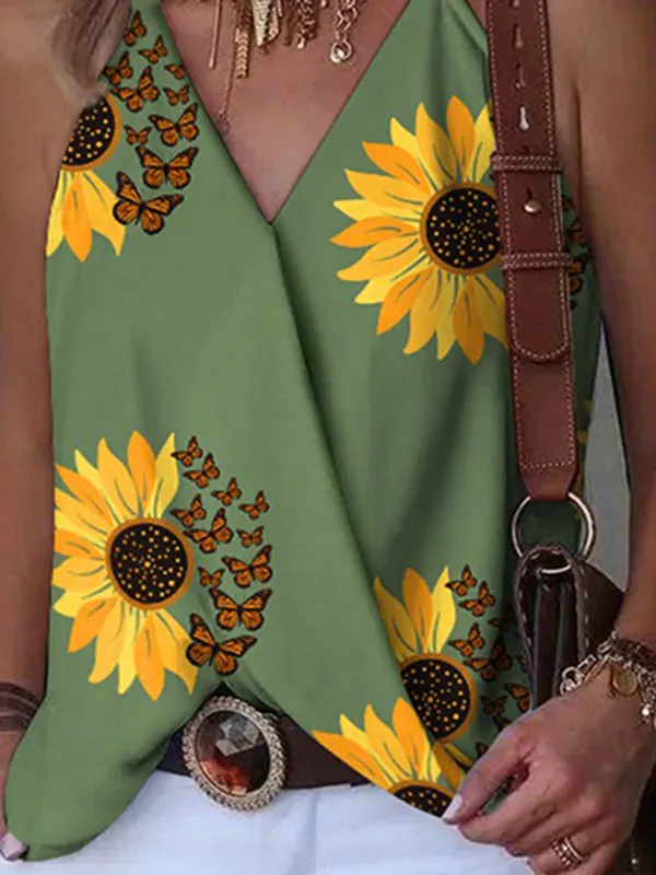 Sleeveless Flower Print Split-Joint V-Neck Vest Top