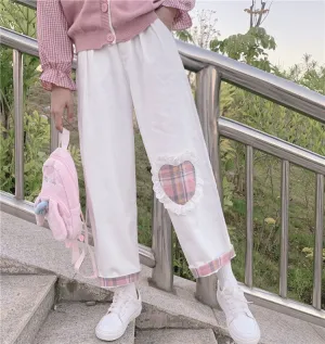 Soft Girl Cute White Heart Plaid Embroidery Pants