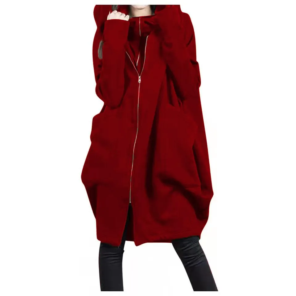 Solid color hooded pocket sweater zipper mid-length fake two loose coats