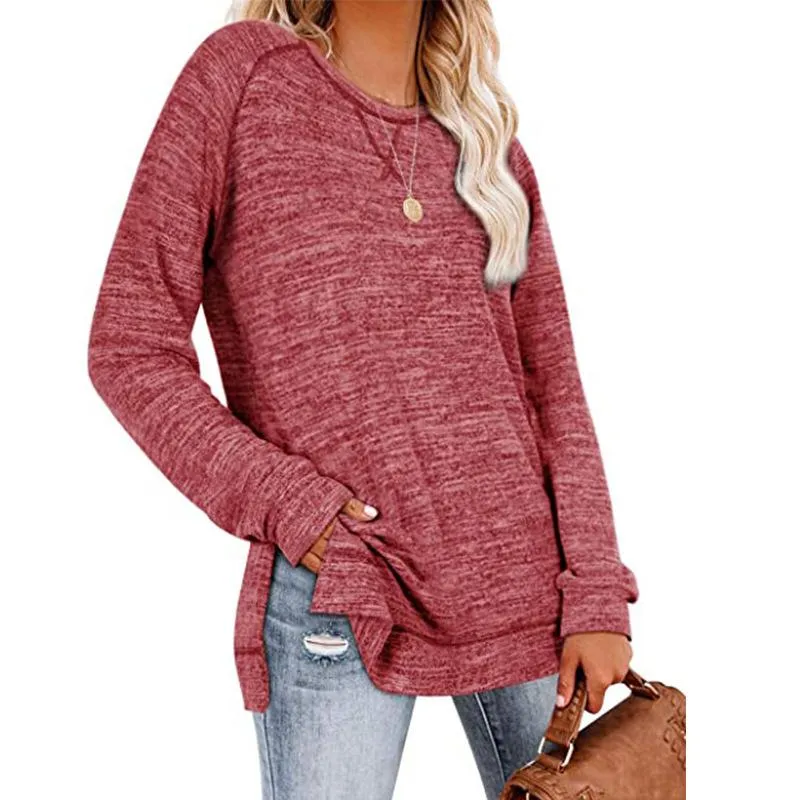 Solid color sweater cross-neck long-sleeved split top