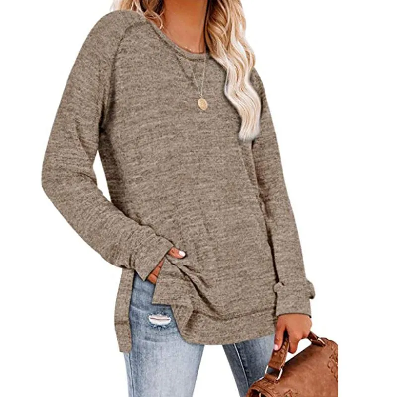 Solid color sweater cross-neck long-sleeved split top