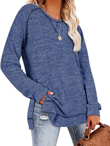 Solid color sweater cross-neck long-sleeved split top