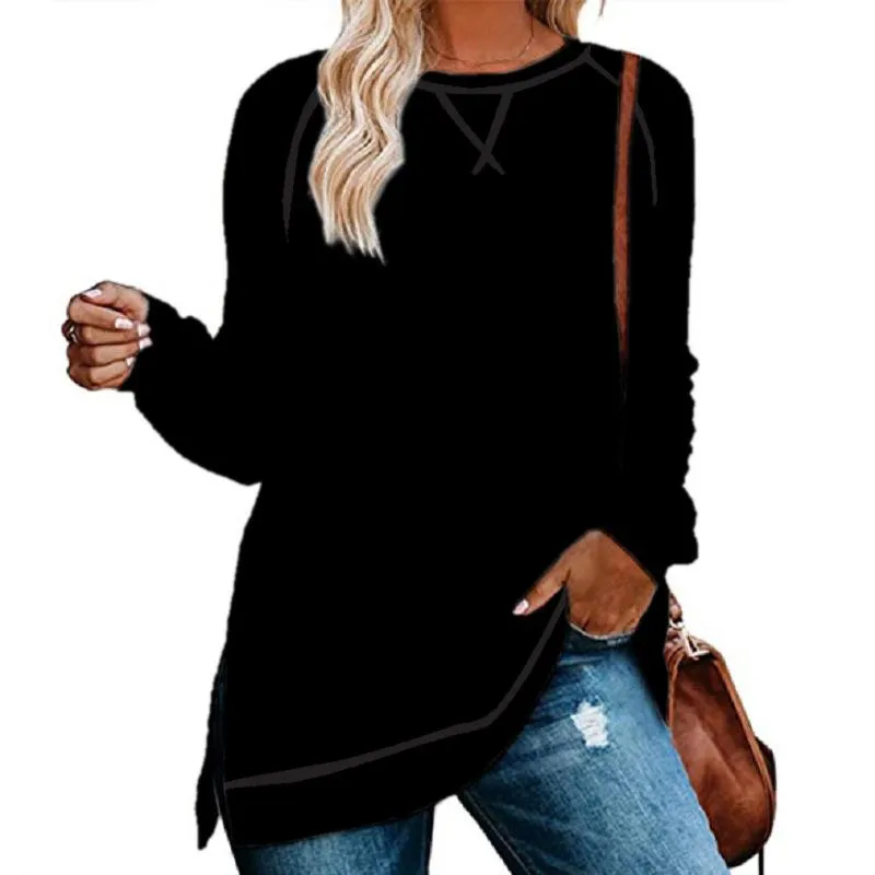 Solid color sweater cross-neck long-sleeved split top