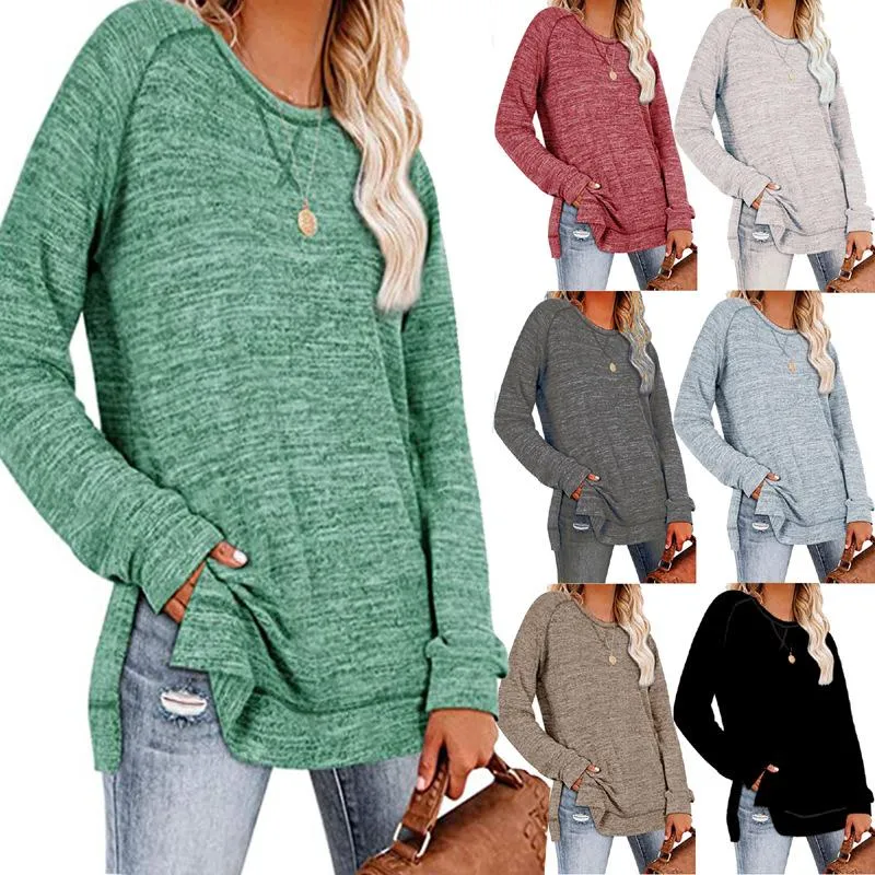 Solid color sweater cross-neck long-sleeved split top