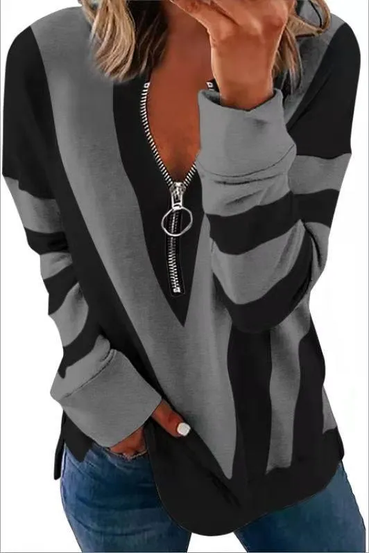 Temperament chest zipper V-shaped strip printing long-sleeved T-shirt