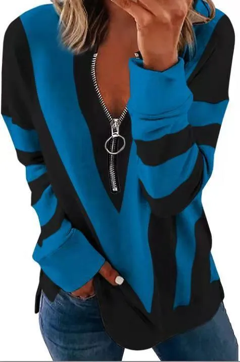 Temperament chest zipper V-shaped strip printing long-sleeved T-shirt