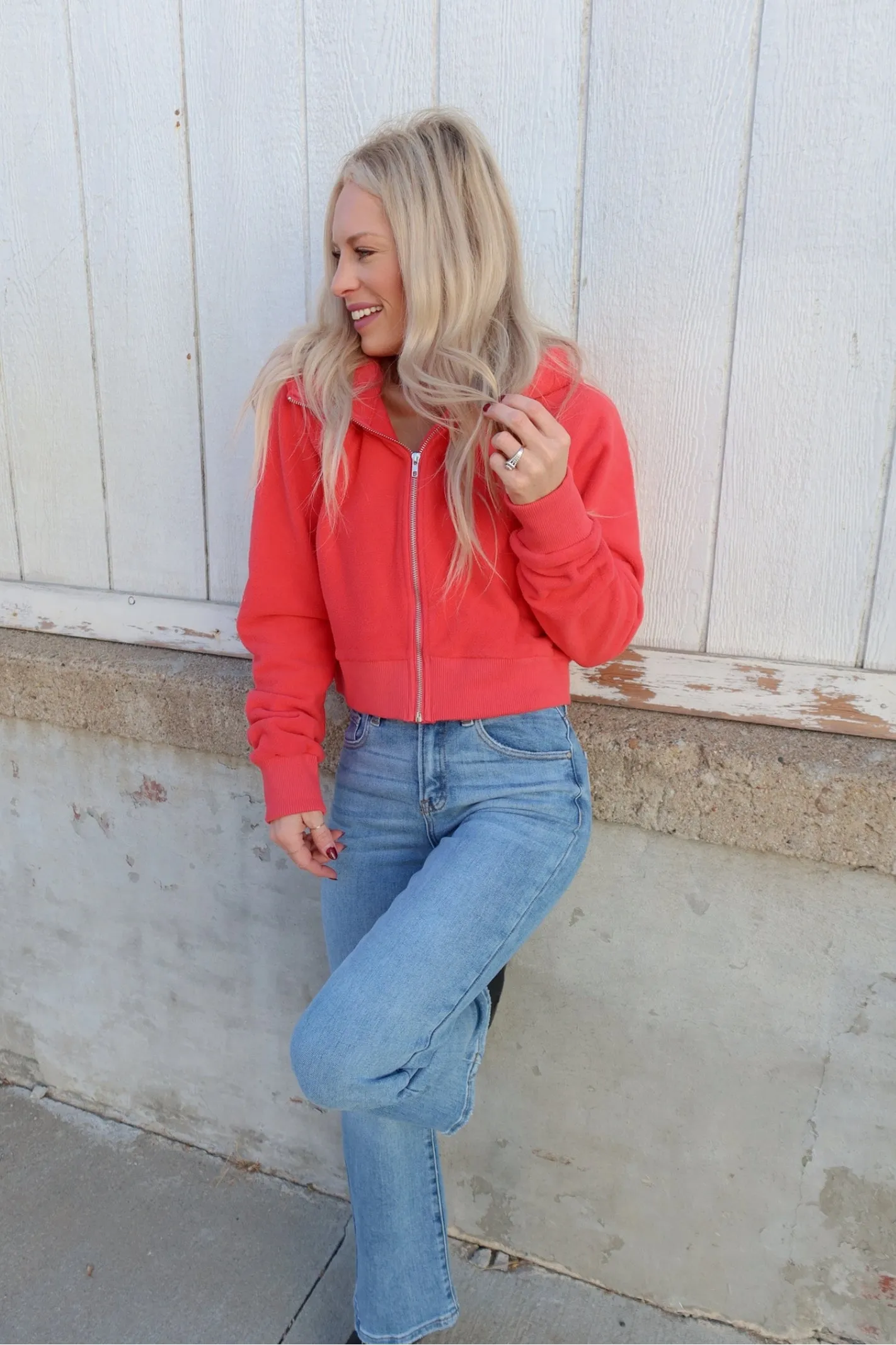 The Only Way Cherry Red Fleece Cropped Jacket