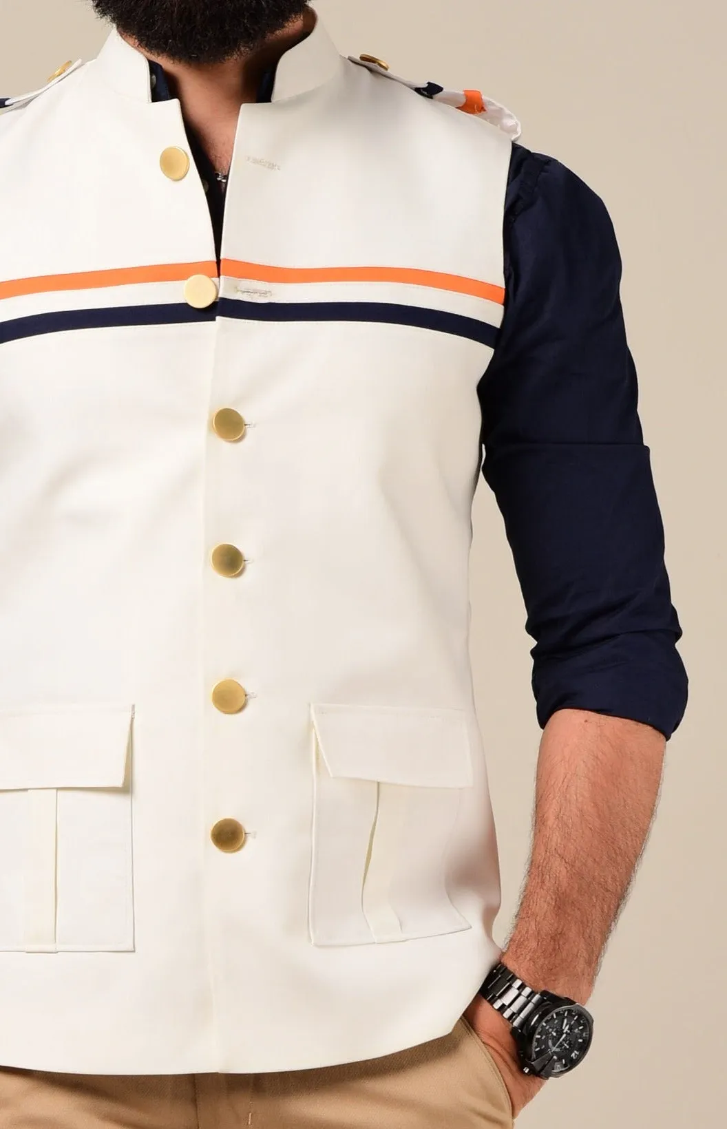 White Half Hunting Jacket With Navy & Saffron Strips