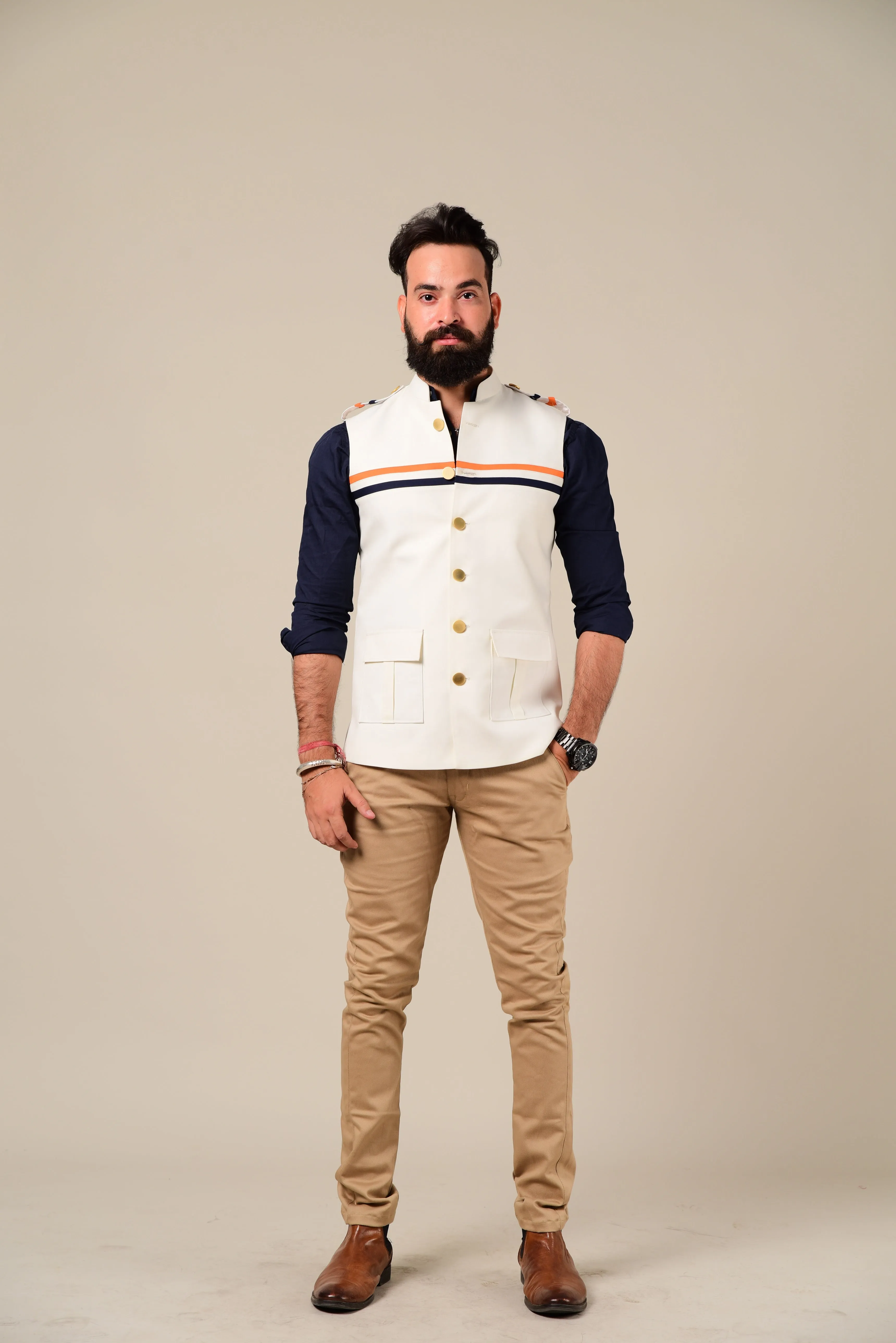 White Half Hunting Jacket With Navy & Saffron Strips