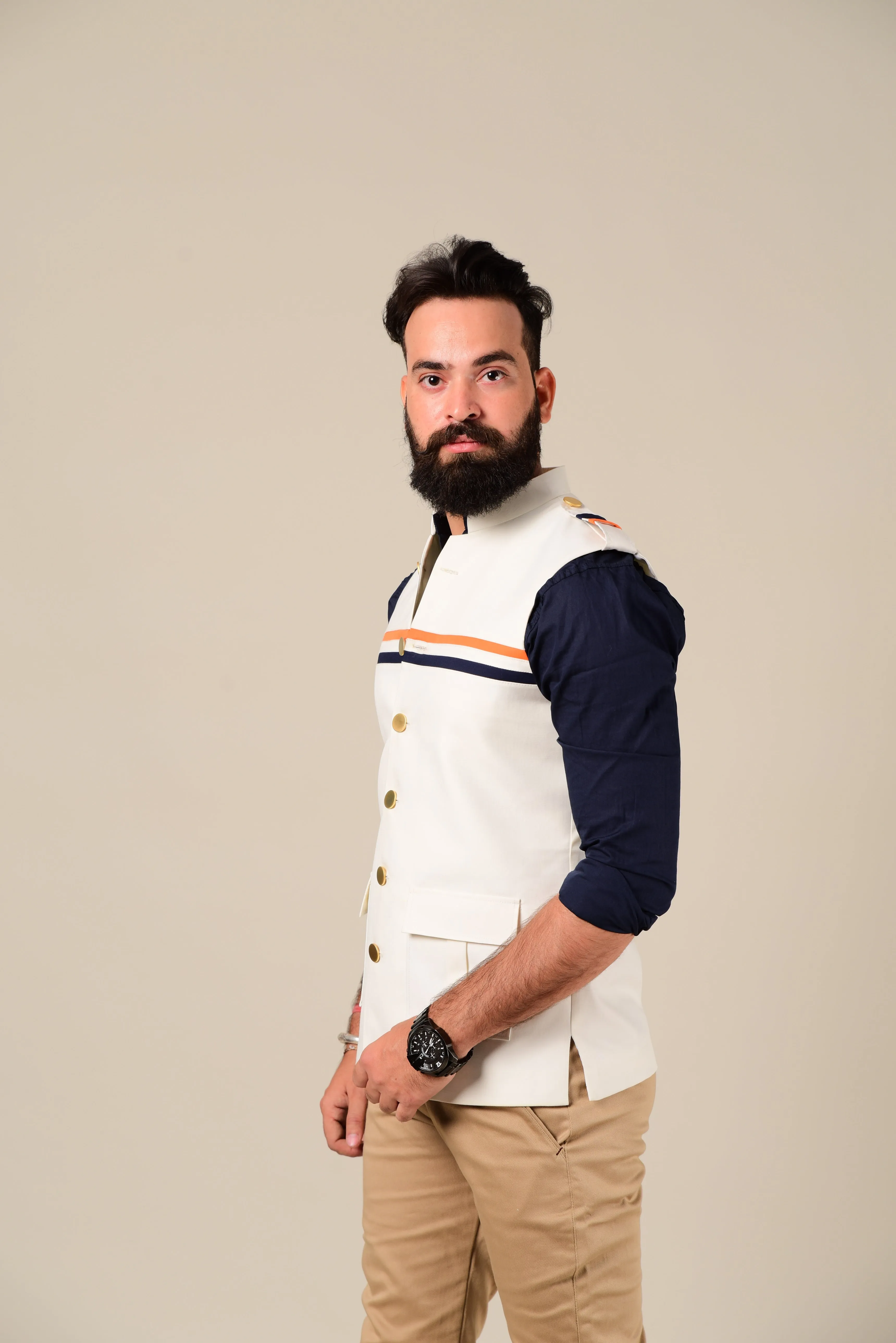 White Half Hunting Jacket With Navy & Saffron Strips