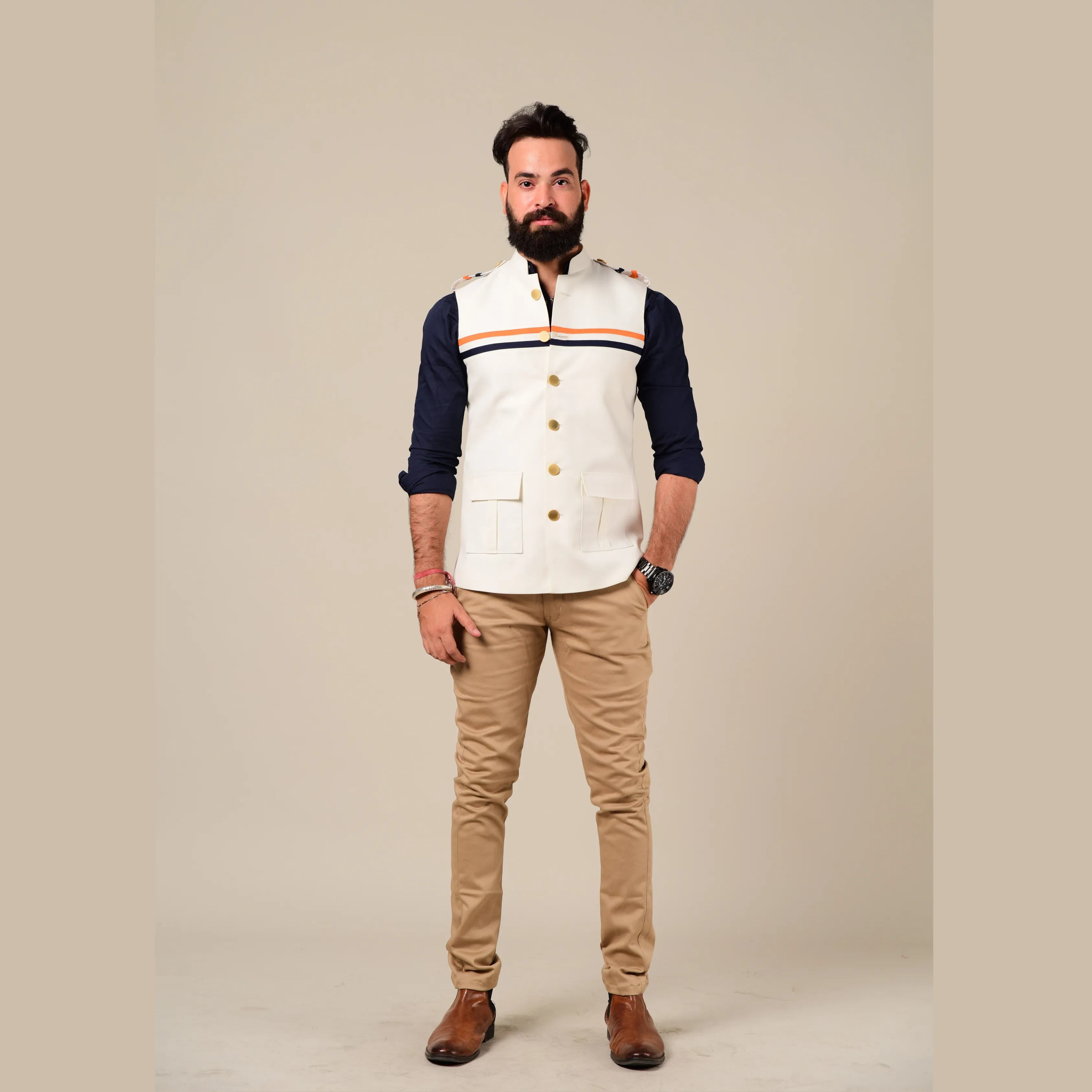 White Half Hunting Jacket With Navy & Saffron Strips