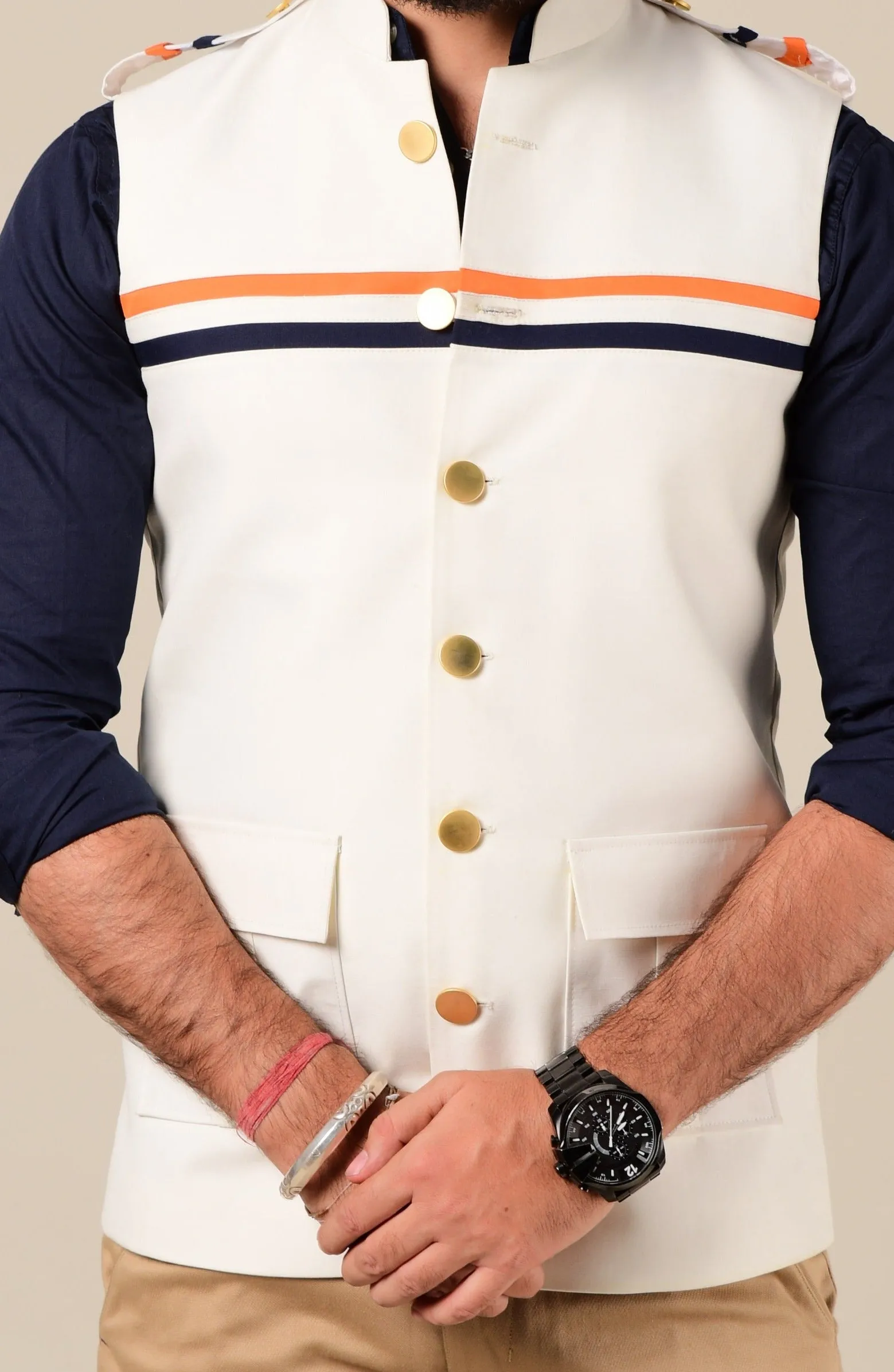 White Half Hunting Jacket With Navy & Saffron Strips