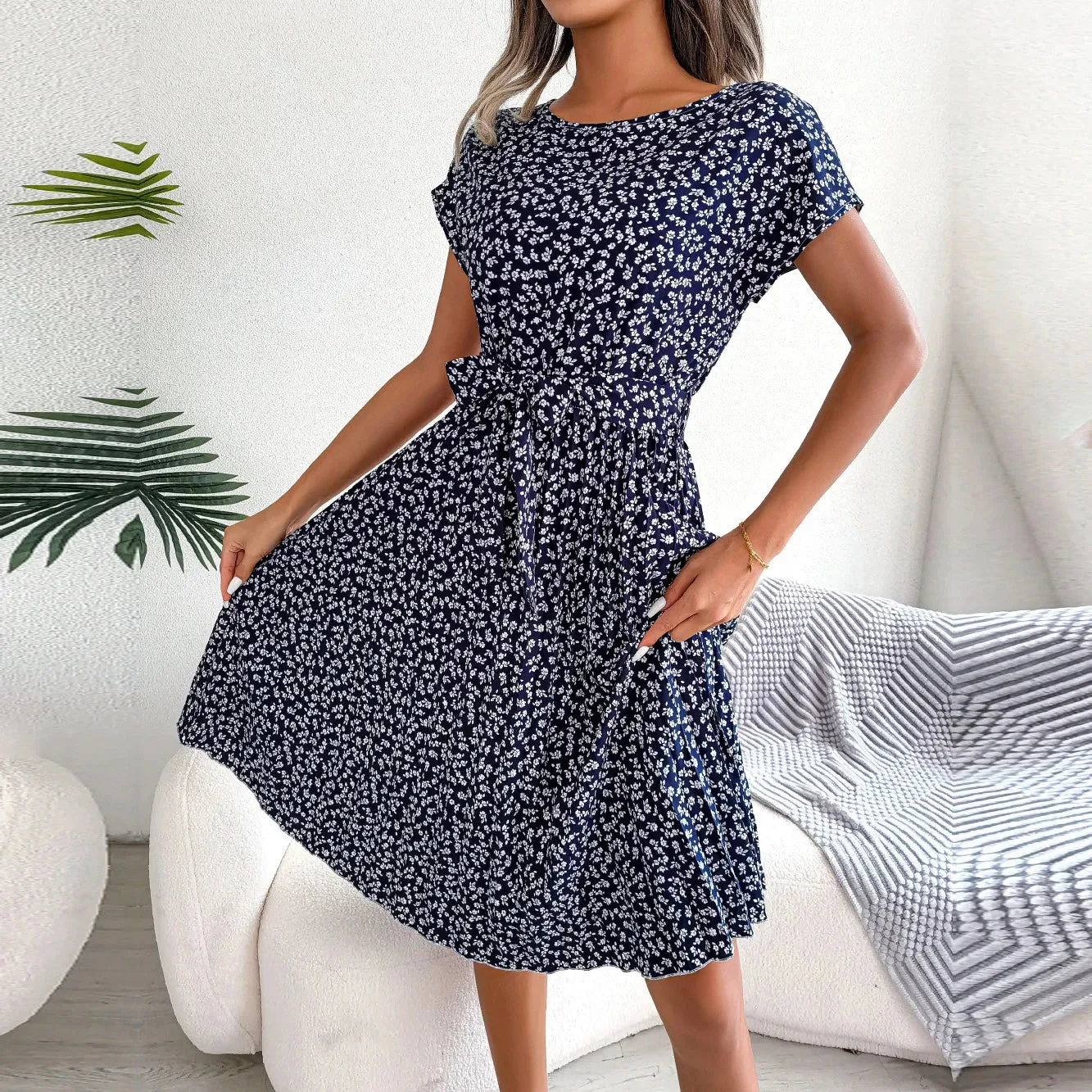 Women Spring Short Waist Chic Floral Pleated A Line Long Midi Dresses