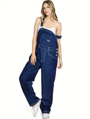 Women's Adjustable-Strap Denim Overalls - Comfy Loose Fit with Patch Pockets & Contrast Stitching, Casual Everyday Wear