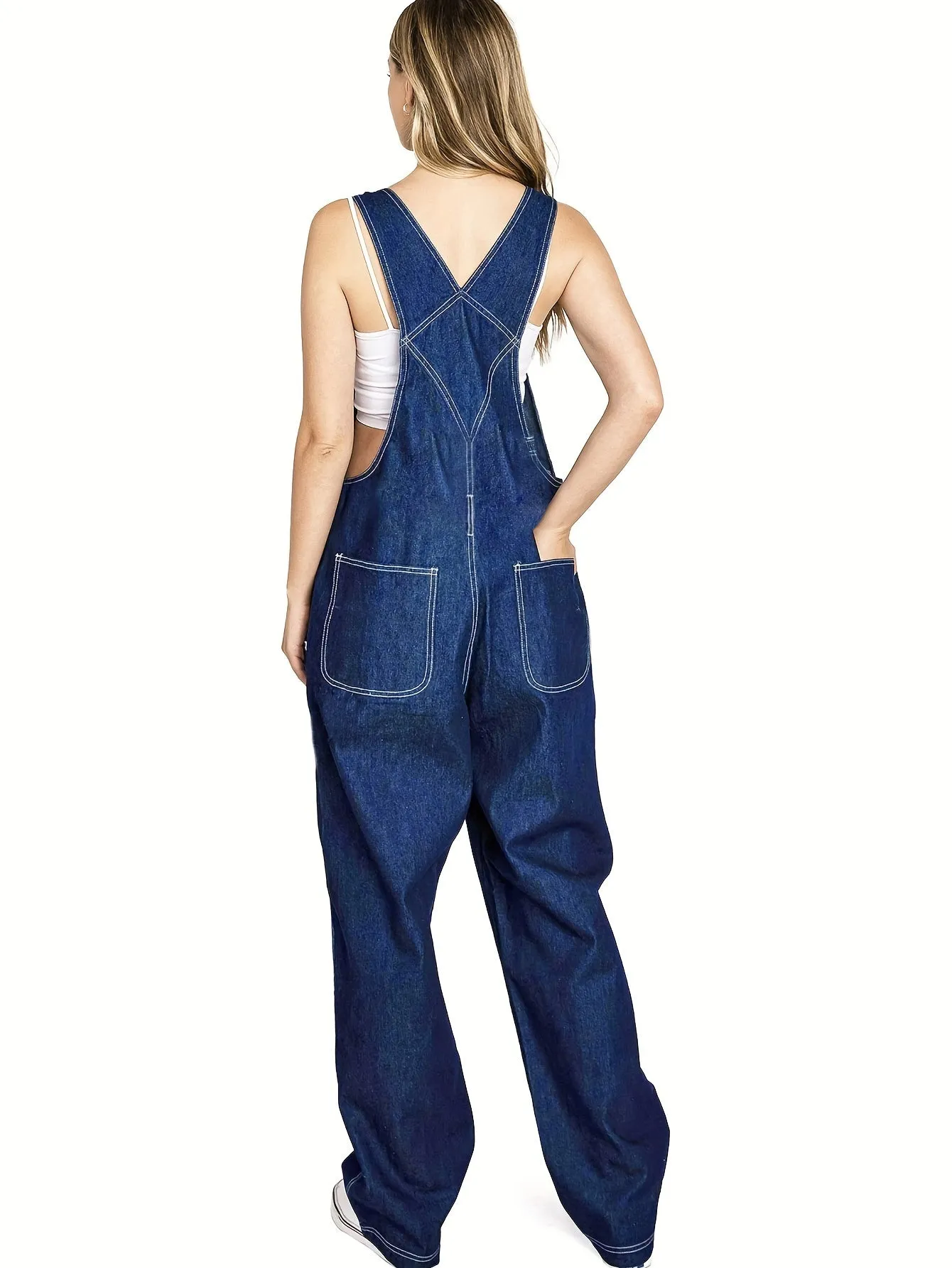 Women's Adjustable-Strap Denim Overalls - Comfy Loose Fit with Patch Pockets & Contrast Stitching, Casual Everyday Wear