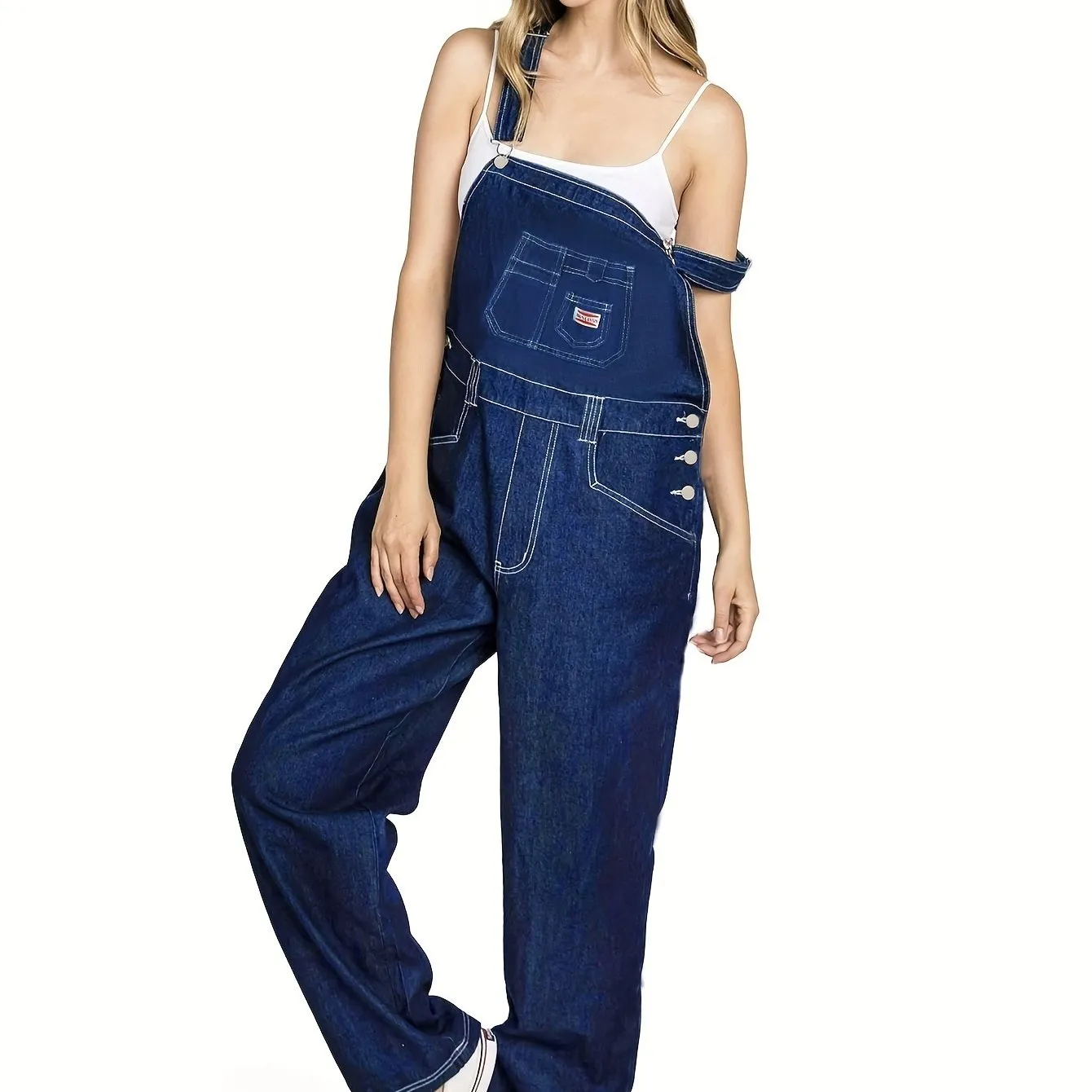 Women's Adjustable-Strap Denim Overalls - Comfy Loose Fit with Patch Pockets & Contrast Stitching, Casual Everyday Wear